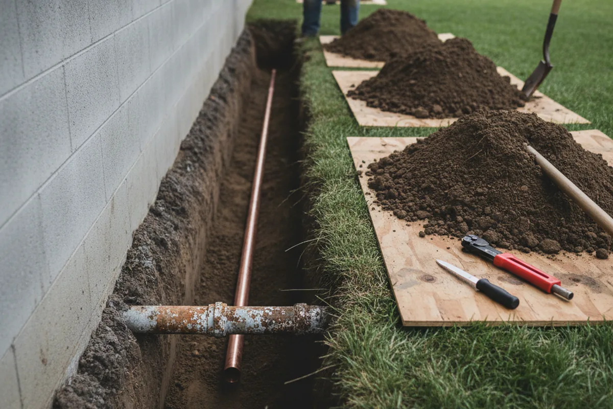 Excavated water line trench during Water Heater Repair in Daisy